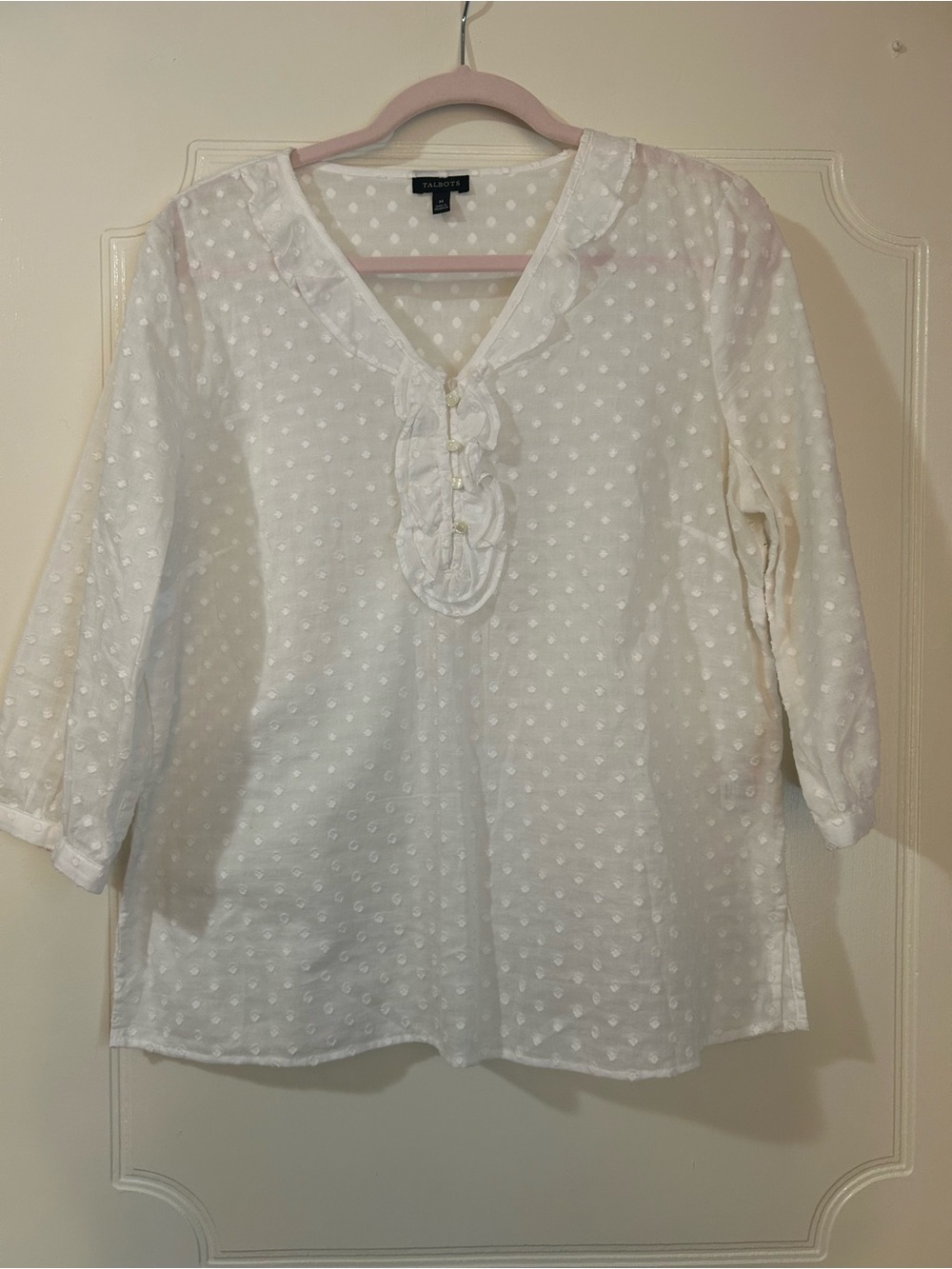 Talbots White Dot-Texture Ruffle-Trim Blouse - Picture 3 of 3